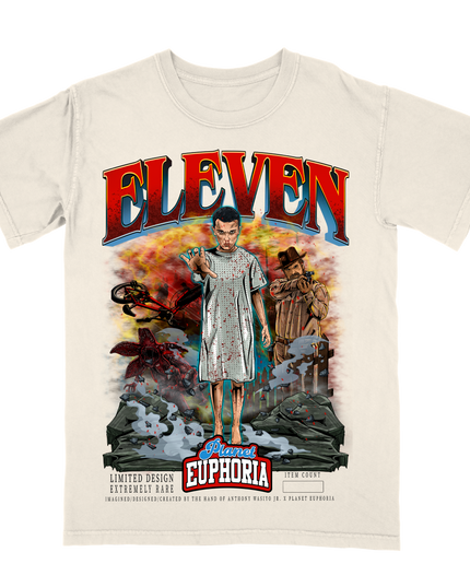 'ELEVEN' Stranger Things graphic tee by Planet Euphoria in off-white, front view.