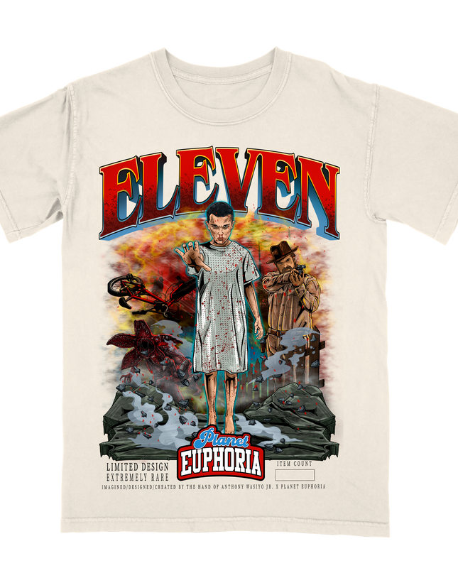 'ELEVEN' Stranger Things graphic tee by Planet Euphoria in off-white, front view.