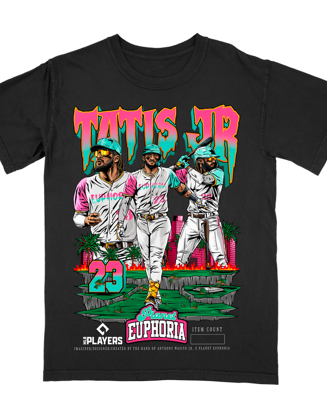 Fernando Tatis Jr. El Nino graphic tee by Planet Euphoria in black, front view.