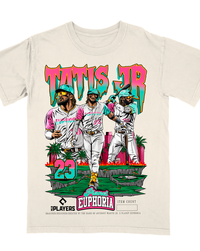 Fernando Tatis Jr. San Diego tropical graphic tee by Planet Euphoria in off-white, front view.