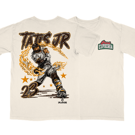 Fernando Tatís Jr #23 baseball graphic tee by Planet Euphoria in off-white, front and back view.