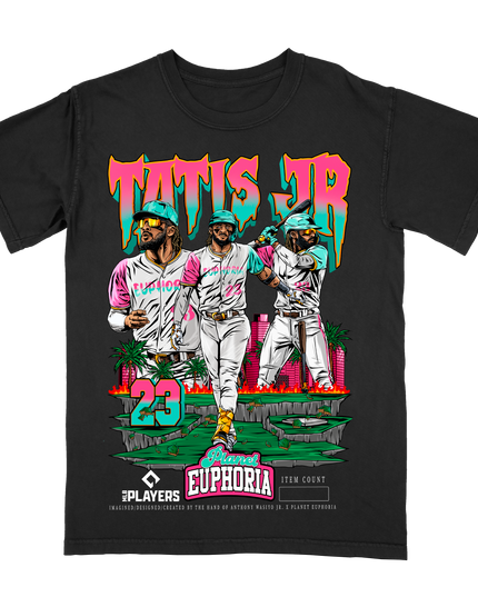 Fernando Tatis Jr. tropical graphic tee V3 by Planet Euphoria in black, front view.