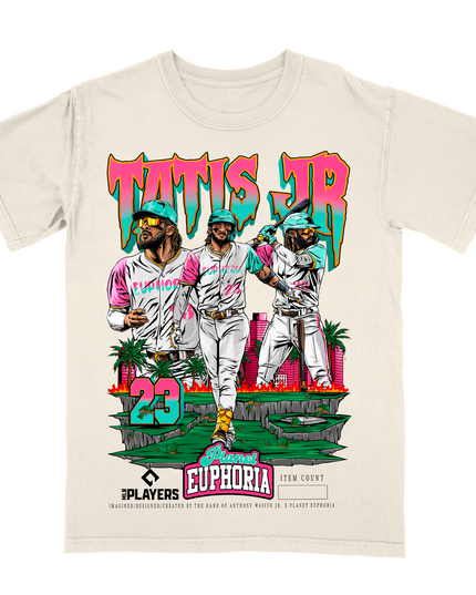 Fernando Tatis Jr. tropical graphic tee V3 by Planet Euphoria in off-white, front view.