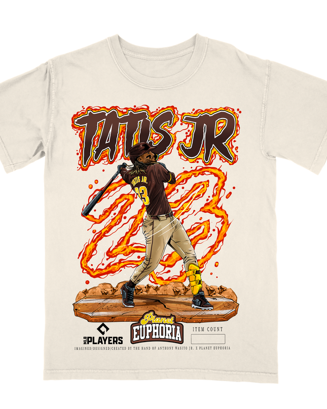Fernando Tatís Jr. San Diego graphic tee V4 by Planet Euphoria in off-white, front view.