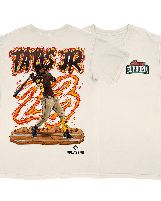 Fernando Tatís Jr. San Diego graphic tee by Planet Euphoria in off-white, front and back view.