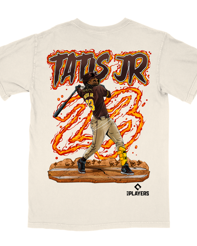 Fernando Tatís Jr. San Diego MLBPA graphic tee by Planet Euphoria in off-white, back view.
