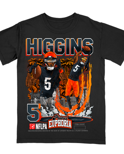 Tee Higgins Bengals NFL Player graphic tee by Planet Euphoria in black, front view.