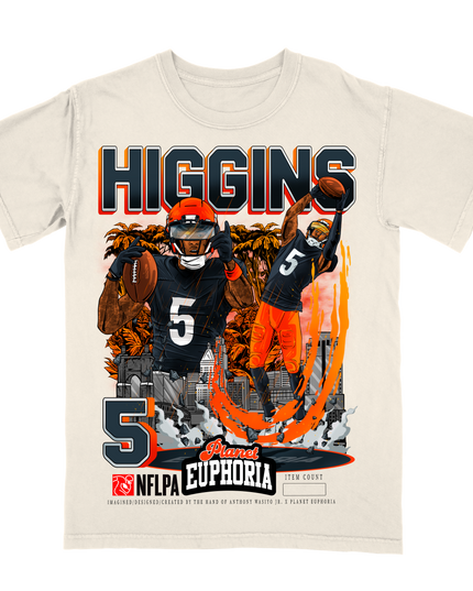 Tee Higgins Bengals NFL Player graphic tee  by Planet Euphoria in off-white, front view.