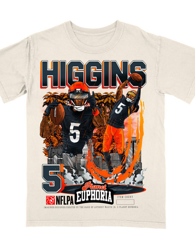 Tee Higgins Bengals NFL Player graphic tee  by Planet Euphoria in off-white, front view.