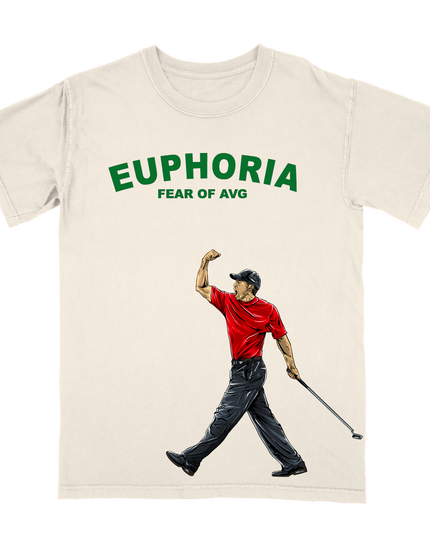 Tiger Woods 'Fear of Average' celebration pose T-shirt by Planet Euphoria in off-white, front view.
