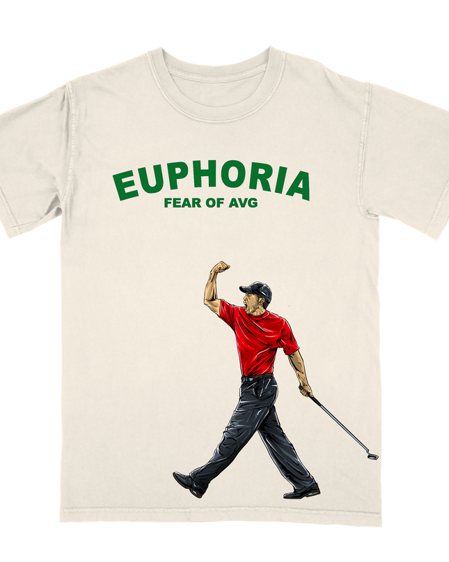 Tiger Woods 'Fear of Average' celebration pose T-shirt by Planet Euphoria in off-white, front view.