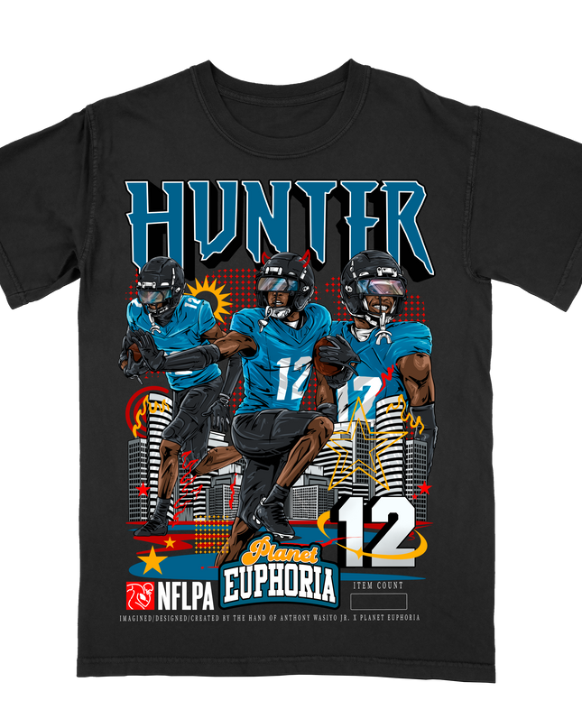 Travis Hunter Jacksonville Jags graphic t-shirt by Planet Euphoria in black, front view.