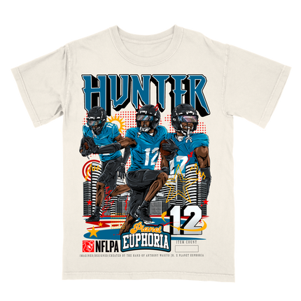 Travis Hunter Jacksonville NFL graphic t-shirt by Planet Euphoria in off-white, front view.