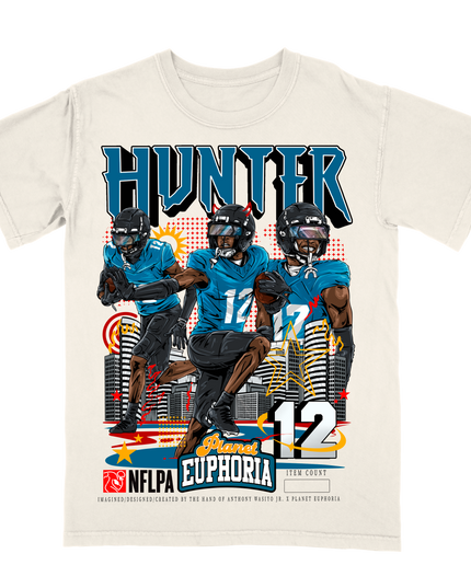 Travis Hunter Jacksonville NFL graphic t-shirt by Planet Euphoria in off-white, front view.