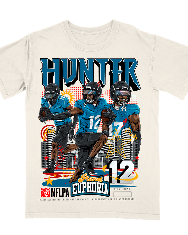 Travis Hunter Jacksonville NFL graphic t-shirt by Planet Euphoria in off-white, front view.