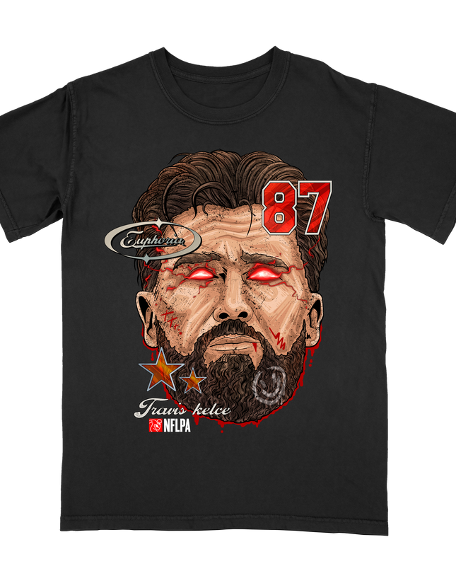 Travis Kelce Fat Head graphic tee by Planet Euphoria in black, front view.