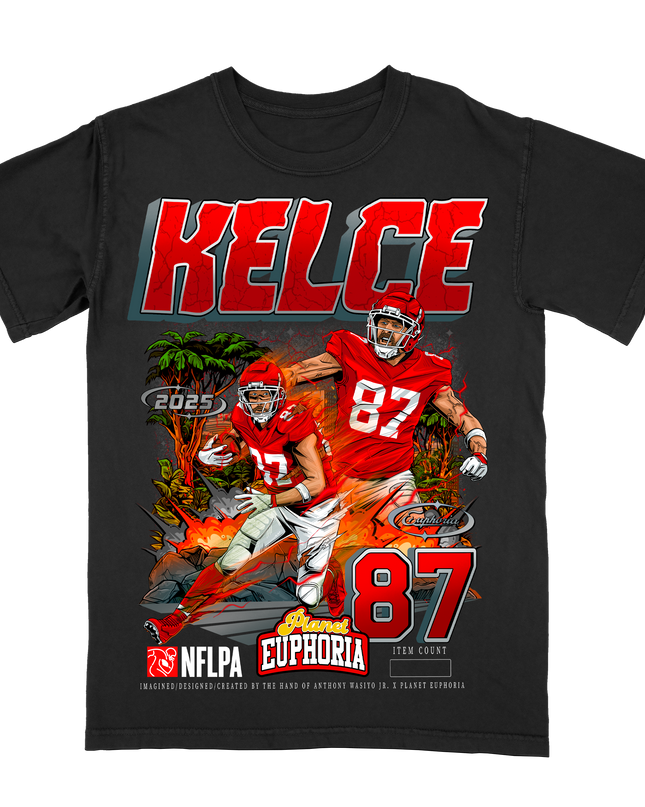 Travis Kelce KC Chiefs action graphic t-shirt by Planet Euphoria in black, front view.