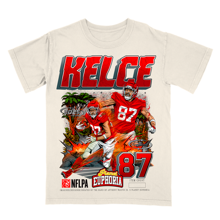 Travis Kelce KC Chiefs action graphic t-shirt by Planet Euphoria in off-white, front view.
