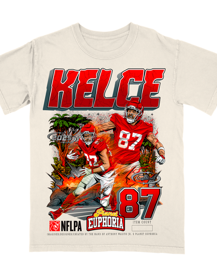 Travis Kelce KC Chiefs action graphic t-shirt by Planet Euphoria in off-white, front view.
