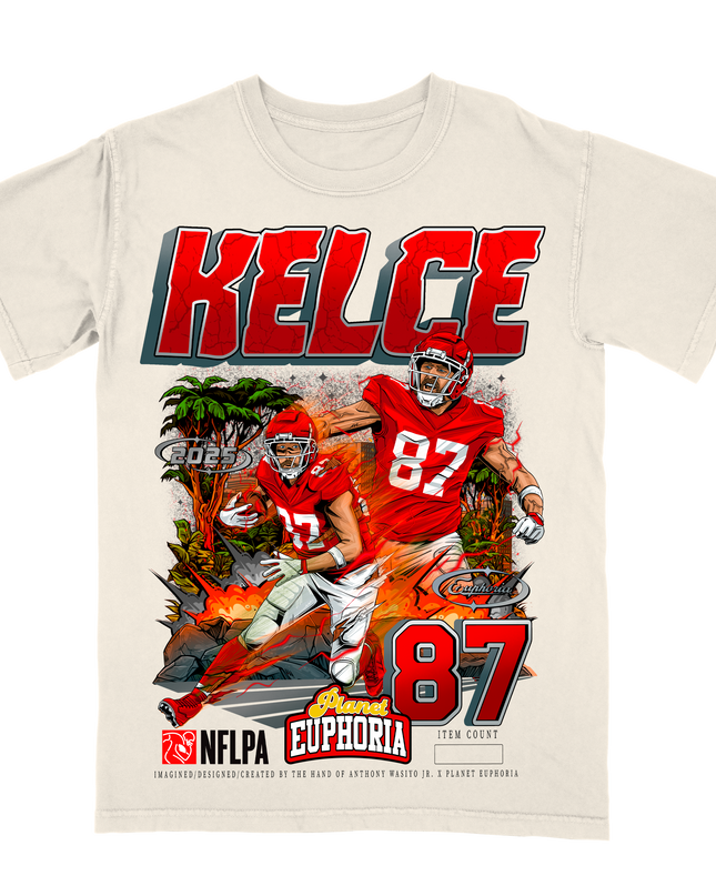 Travis Kelce KC Chiefs action graphic t-shirt by Planet Euphoria in off-white, front view.