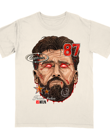 Travis Kelce #87 Kansas City NFLPA Fat Head t-shirt by Planet Euphoria in off-white, front view.