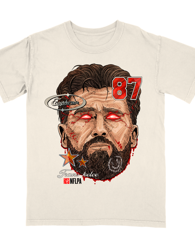 Travis Kelce #87 Kansas City NFLPA Fat Head t-shirt by Planet Euphoria in off-white, front view.