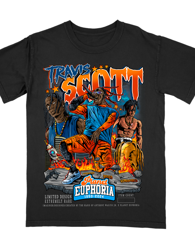 Travis Scott hip hop superstar graphic tee by Planet Euphoria in black, front view.