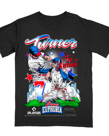 Trea Turner Phillies MLB Player Hitman graphic tee by Planet Euphoria in black, front view.