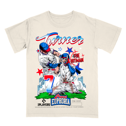Trea Turner Phillies MLB Player Hitman graphic tee by Planet Euphoria in off-white, front view.