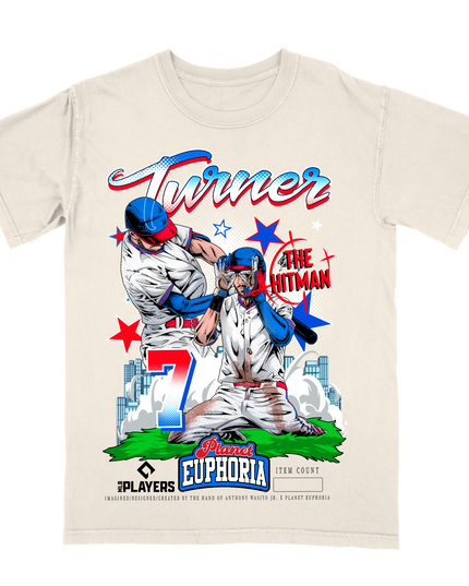 Trea Turner Phillies MLB Player Hitman graphic tee by Planet Euphoria in off-white, front view.