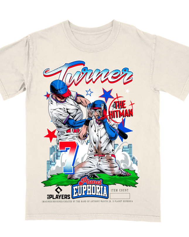 Trea Turner Phillies MLB Player Hitman graphic tee by Planet Euphoria in off-white, front view.