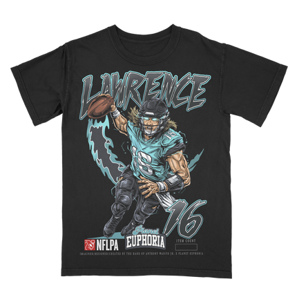 Trevor Lawrence Jacksonville Jags NFLPA graphic t-shirt by Planet Euphoria in black, front view.