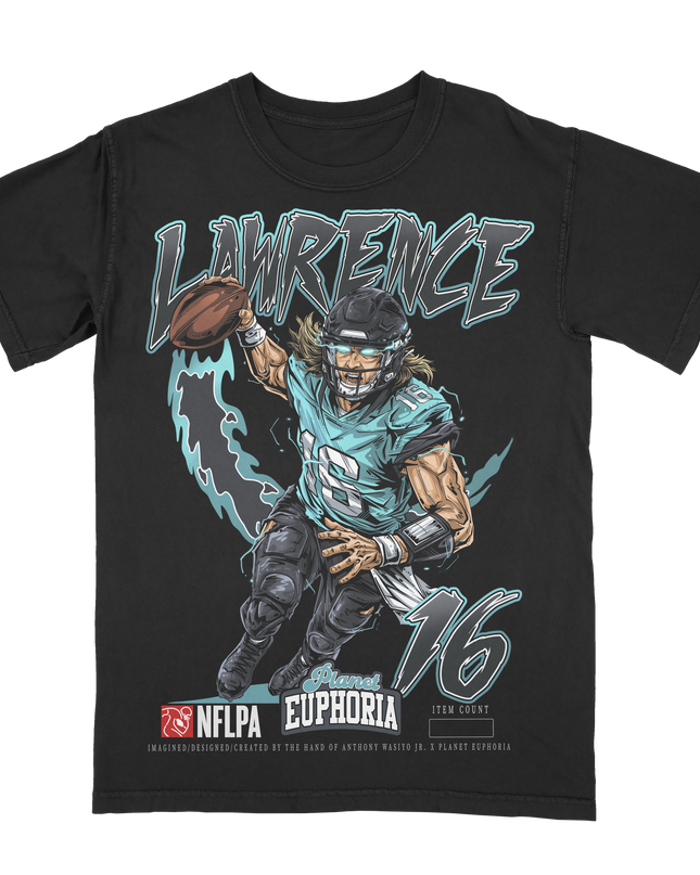 Trevor Lawrence Jacksonville Jags NFLPA graphic t-shirt by Planet Euphoria in black, front view.