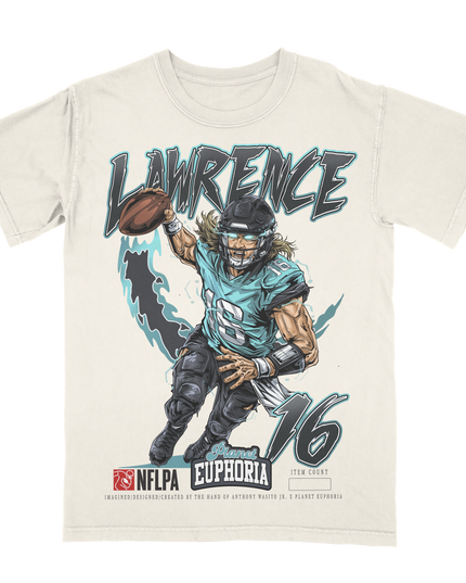 Trevor Lawrence Jacksonville Jags NFLPA graphic t-shirt by Planet Euphoria in off-white, front view.