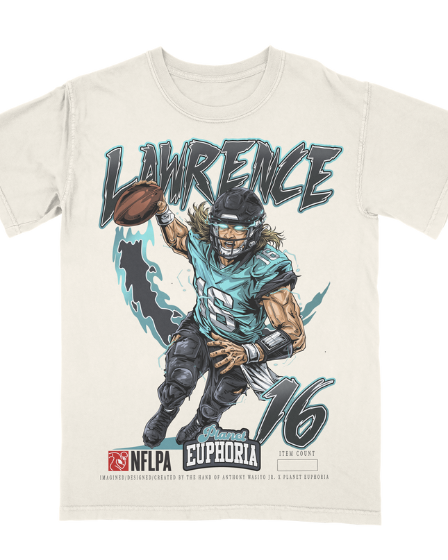 Trevor Lawrence Jacksonville Jags NFLPA graphic t-shirt by Planet Euphoria in off-white, front view.