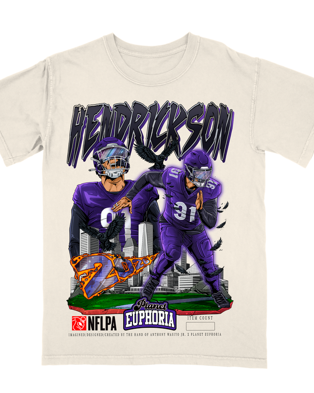 Trey Hendrickson Baltimore NFLPA graphic tee by Planet Euphoria in off-white, front view.