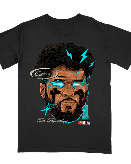 Tua Tagovailoa Fat Head graphic tee by Planet Euphoria in black, front view.