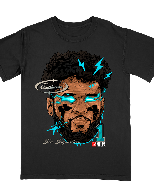 Tua Tagovailoa Fat Head graphic tee by Planet Euphoria in black, front view.