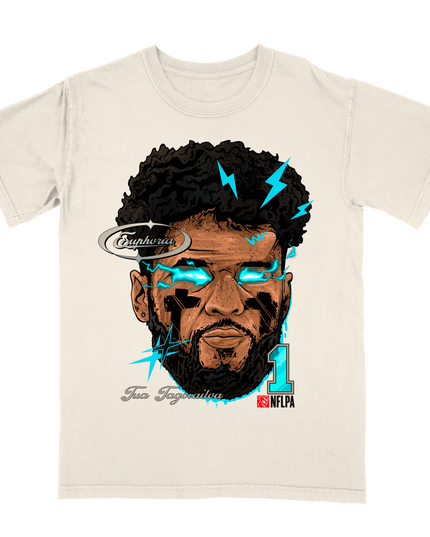 Tua Tagovailoa # 1 Dolphins NFLPA Fat Head t-shirt by Planet Euphoria in off-white, front view.