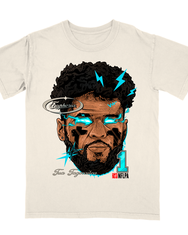 Tua Tagovailoa # 1 Dolphins NFLPA Fat Head t-shirt by Planet Euphoria in off-white, front view.