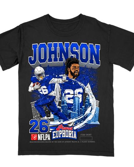 Ty Johnson Buffalo NFLPA graphic tee by Planet Euphoria in black, front view.