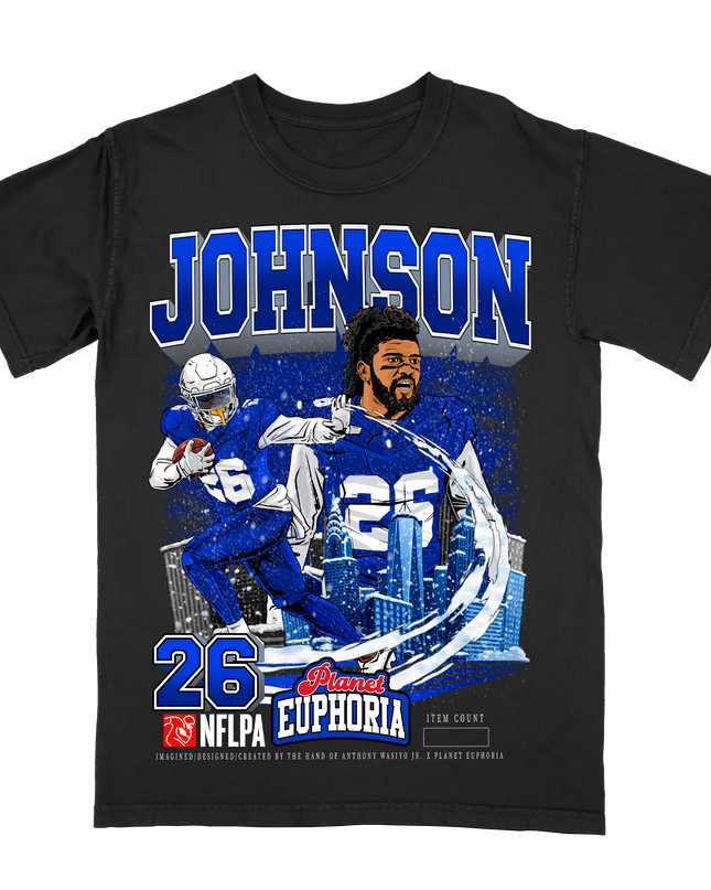 Ty Johnson Buffalo NFLPA graphic tee by Planet Euphoria in black, front view.