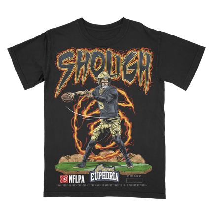 Planet Euphoria Tyler Shough Saints football graphic tee in black, front view.