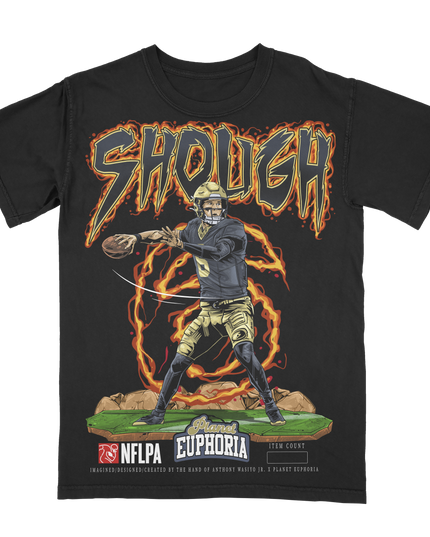 Tyler Shough New Orleans football graphic t-shirt from Planet Euphoria, black shirt, front view