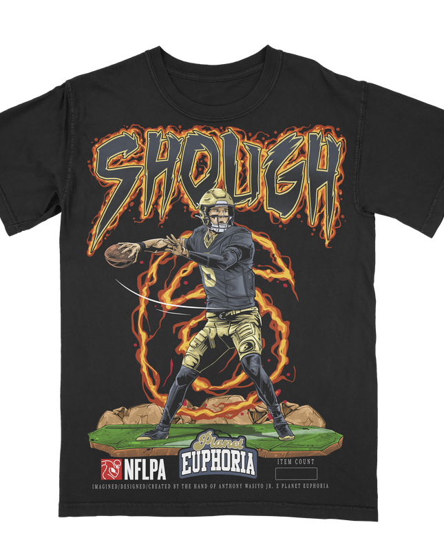 Planet Euphoria Tyler Shough Saints football graphic tee in black, front view.
