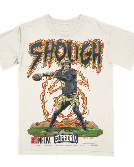 Tyler Shough New Orleans football graphic t-shirt from Planet Euphoria, off-white shirt, front view