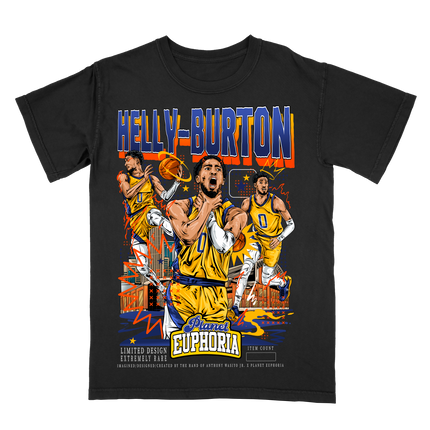Tyrese Haliburton 'Helly-Burton' Indiana basketball player graphic t-shirt by Planet Euphoria in black, front view.