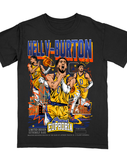Tyrese Haliburton 'Helly-Burton' Indiana basketball player graphic t-shirt by Planet Euphoria in black, front view.