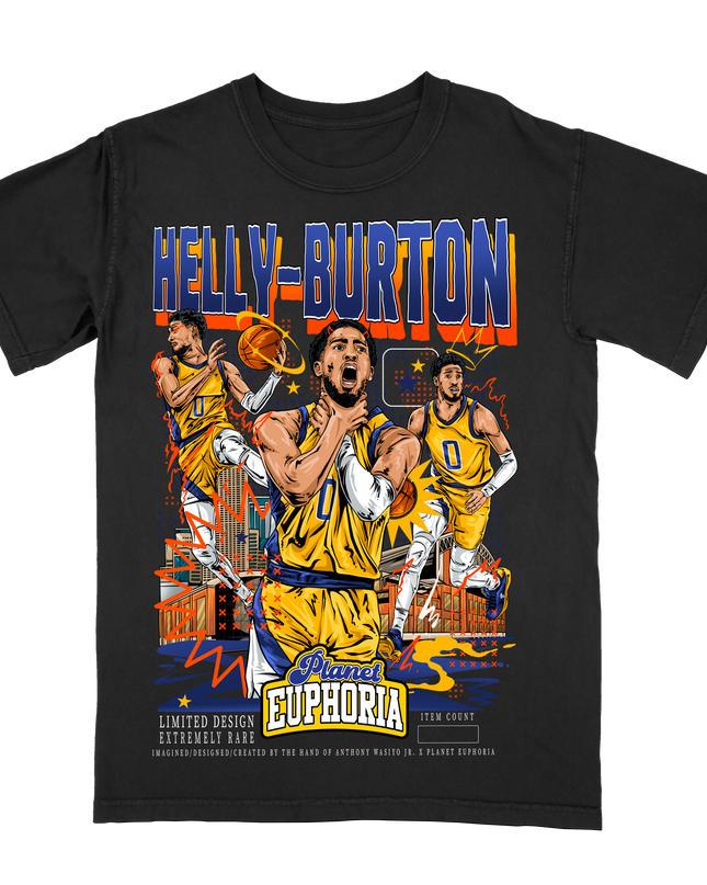 Tyrese Haliburton 'Helly-Burton' Indiana basketball player graphic t-shirt by Planet Euphoria in black, front view.