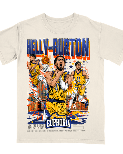 Tyrese Haliburton 'Helly-Burton' Indiana basketball player graphic t-shirt by Planet Euphoria in off-white, front view.